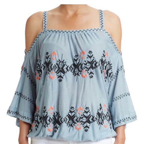 Free People Blue New World Embroidered Bohemian Cold Shoulder Peasant Top Size M - Picture 2 of 11